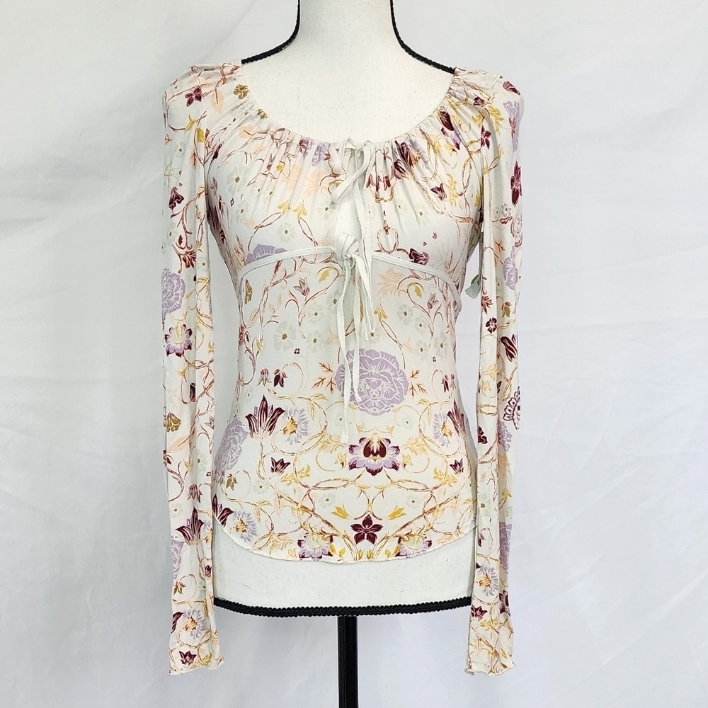 Free People Floral Fitted Scoop Keyhole Tie Neck Long Sleeve Top - Picture 3 of 7
